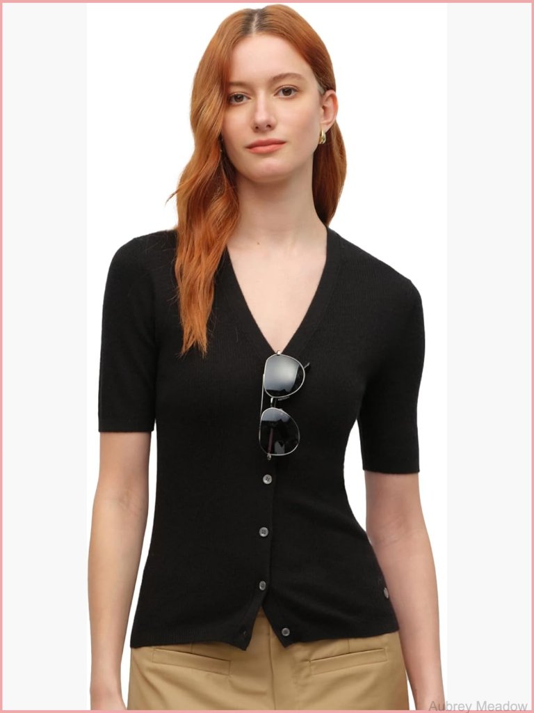 Women's V-Neck Ribbed Knit Short Sleeve Cardigan, Cashmere Silk Blend,